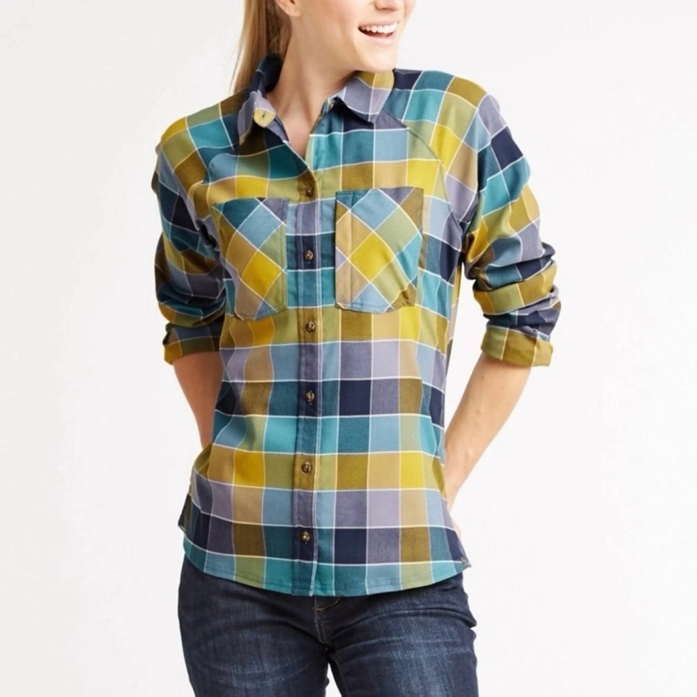 LL Bean Green Blue Soft Stretch Performance Plaid Flannel Shirt XS